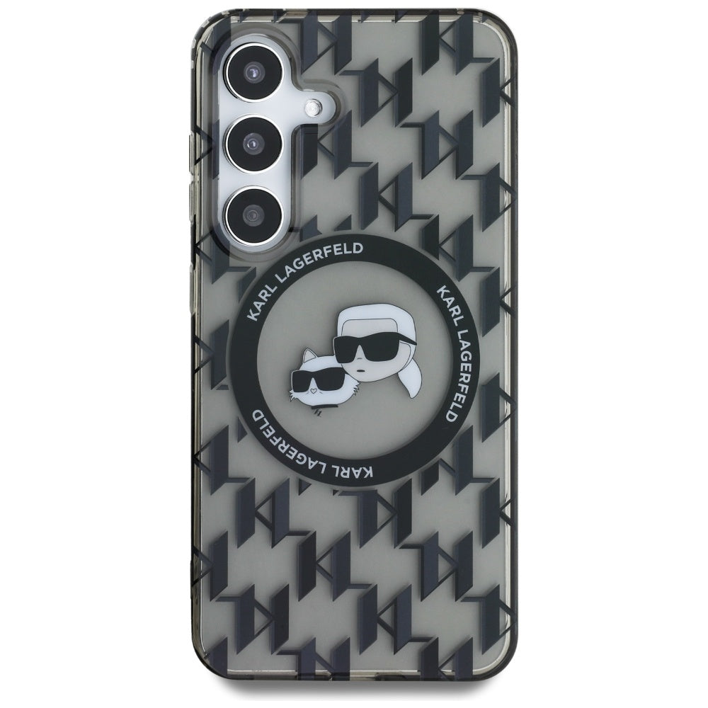 Karl Lagerfeld Samsung Galaxy S25 - Button Karl and Choupette Heads On KL Pattern - MagSafe Σκληρή Θήκη με Πλαίσιο Σιλικόνης - Black - KLHMS25SHMCKMHK