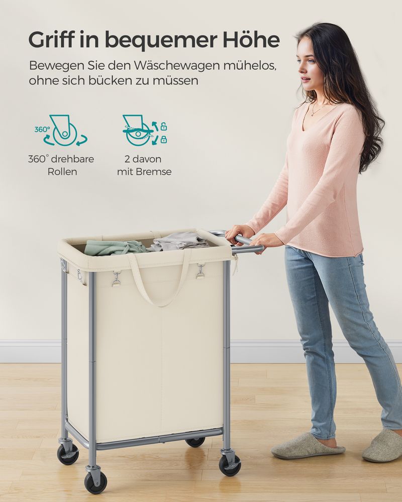 Songmics Τροχήλατο Καλάθι Απλύτων με 2 Χωρίσματα - 140L - Cream White - RLS004W01