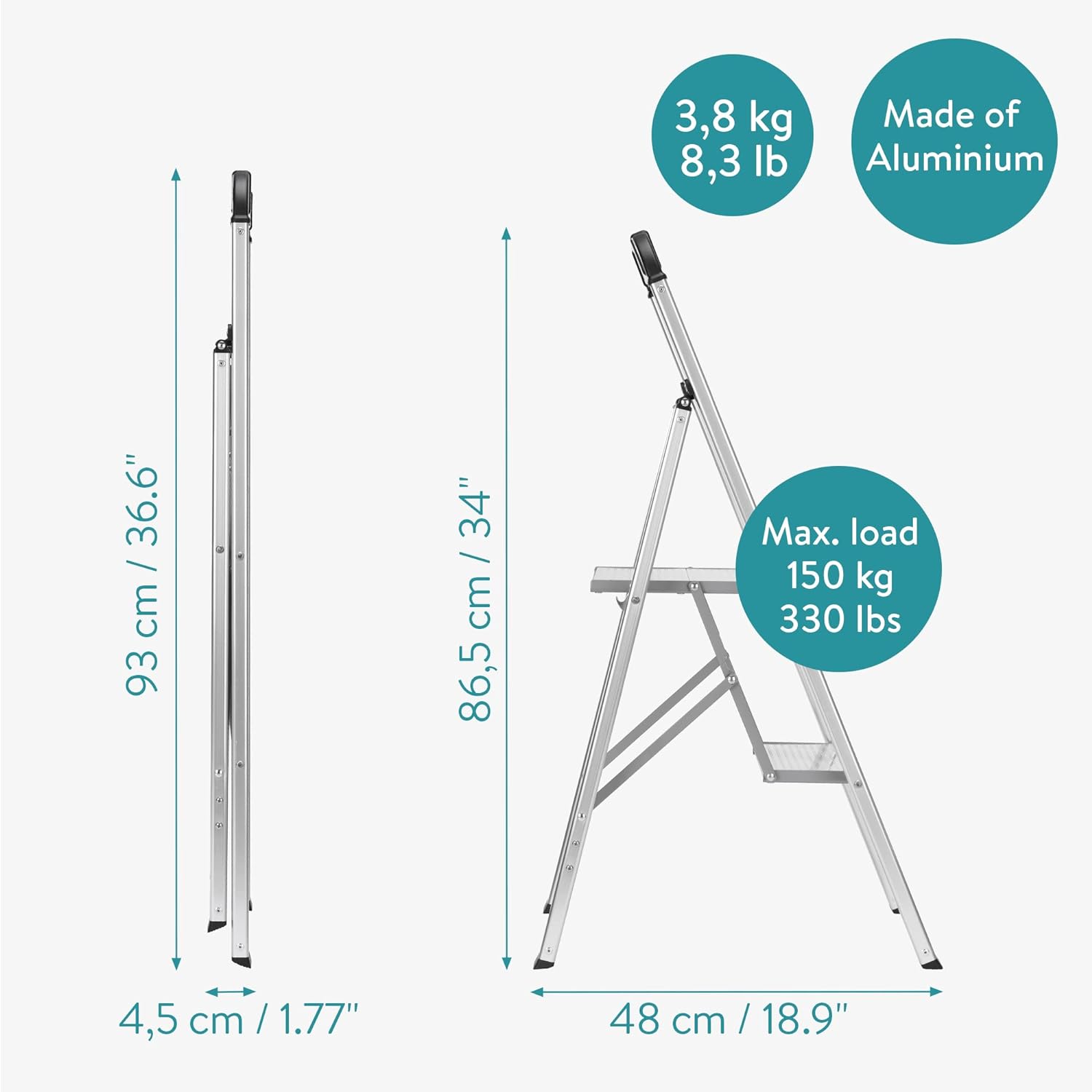 Navaris Αναδιπλούμενη Σκάλα Αλουμινίου με 2 Αντιολισθητικά Σκαλοπάτια - Silver - 57646.01