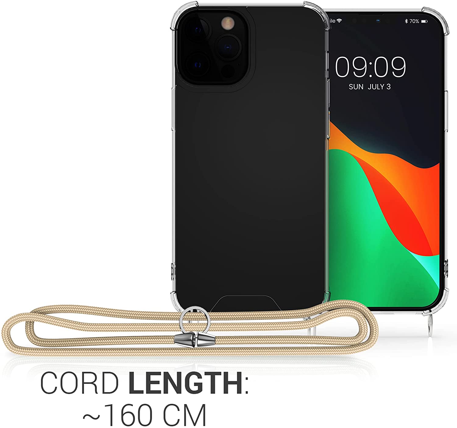 KW iPhone 13 Pro Θήκη Σιλικόνης TPU με Λουράκι - Διάφανη / Gold - 55963.21