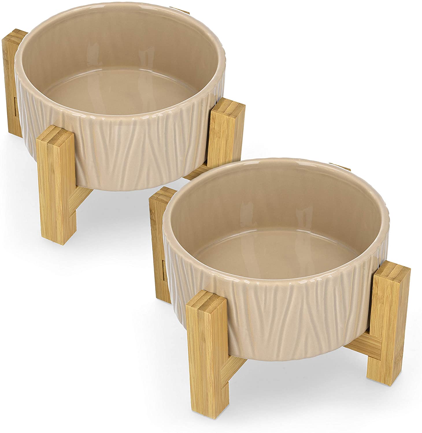 Navaris Cat Bowls with Wood Stands - Σετ με 2 Μπολ Φαγητού και Νερού 937 ml με Βάση από Μπαμπού για Κατοικίδια - Beige - 52177.43.2