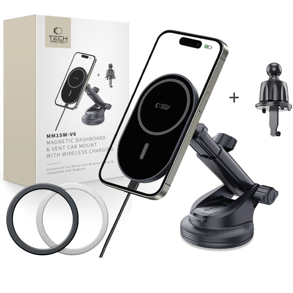 Tech-Protect MM15W-V6 Μαγνητική Βάση για το Ταμπλό και τον Αεραγωγό του Αυτοκινήτου με Ασύρματη Φόρτιση MagSafe 15W - Black / Black