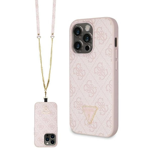 Guess iPhone 15 Pro - Crossbody 4G Metal Logo Θήκη με Επένδυση Συνθετικού Δέρματος και Λουράκι - Pink - GUHCP15LP4TDSCPP