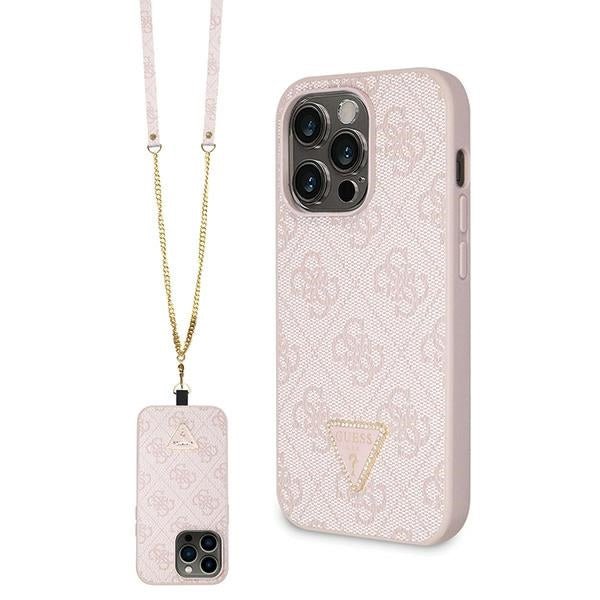 Guess iPhone 15 Pro - Crossbody 4G Metal Logo Θήκη με Επένδυση Συνθετικού Δέρματος και Λουράκι - Pink - GUHCP15LP4TDSCPP