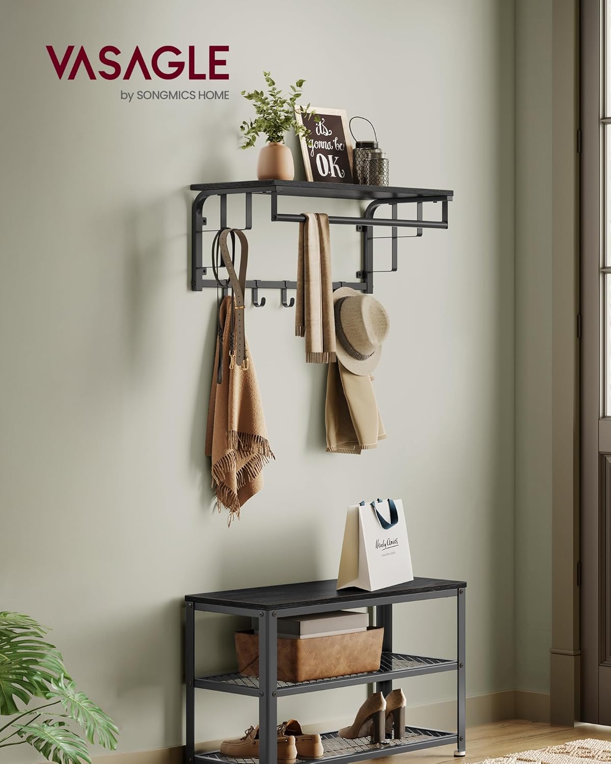 Vasagle Επιτοίχια Κρεμάστρα με Ράβδο και με 5 Αφαιρούμενους Γάντζους - 66 x 30 x 27 cm - Anthracite Grey / Black - LCR012B13