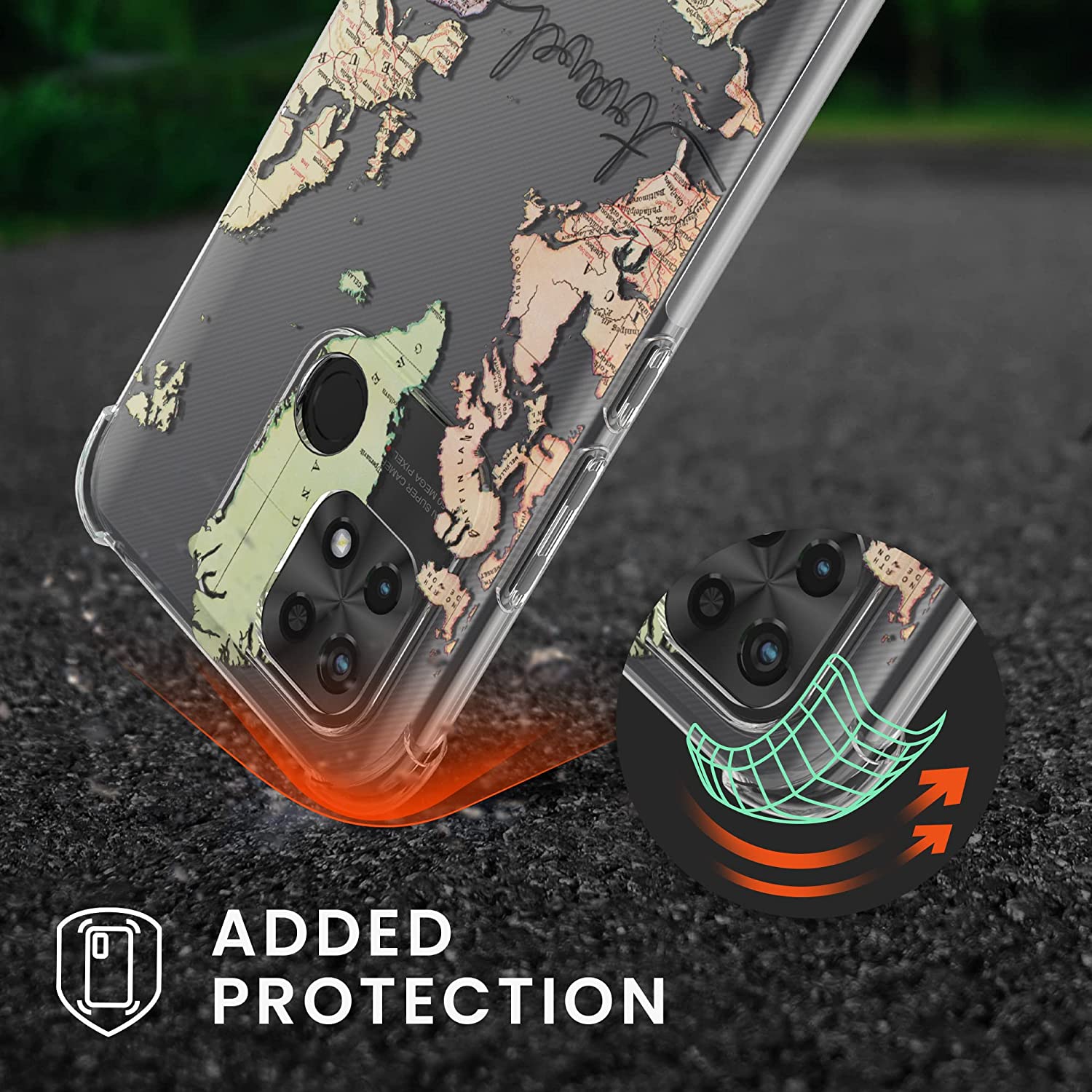 KW Xiaomi Redmi 10C Θήκη Σιλικόνης TPU με Λουράκι Design Travel - Black / Multicolor - Διάφανη - 59701.01