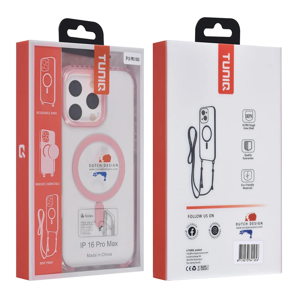 Tuniq iPhone 16 Pro Max - MagSafe Σκληρή Θήκη με Πλαίσιο Σιλικόνης και Λουράκι - Διάφανη / Pink