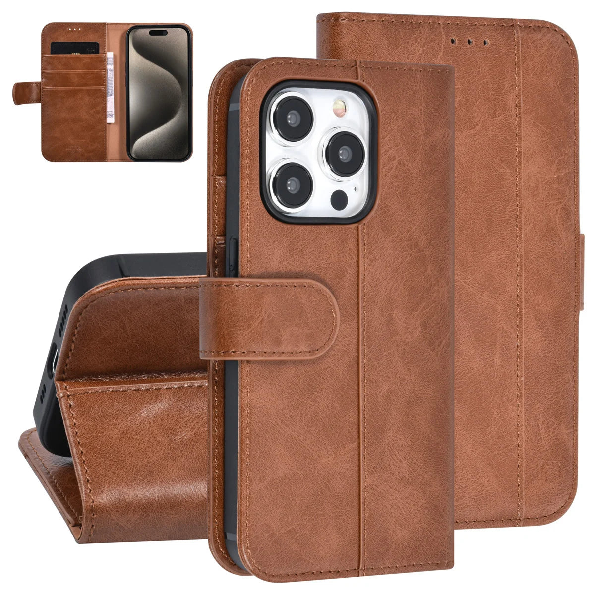 Tuniq iPhone 15 Pro - Θήκη Πορτοφόλι από Δερματίνη με Stand - Καφέ