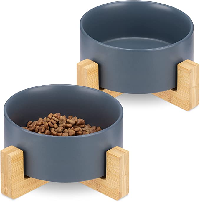 Navaris Cat Bowls with Wood Stands - Σετ με 2 Μπολ Φαγητού και Νερού με Βάση από Μπαμπού για Κατοικίδια - 850ml - Matte Blue / Brown - 48350.04