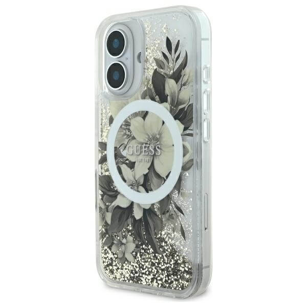 Guess iPhone 16 - Liquid Glitter Flower MagSafe - Σκληρή Θήκη με Πλαίσιο Σιλικόνης - Beige - GUHMP16SLFMWTE