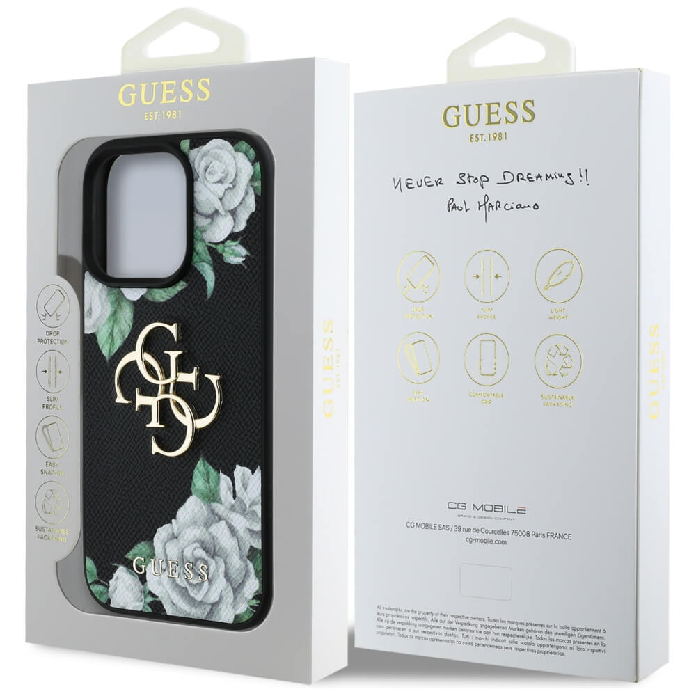 Guess iPhone 16 Pro Max - Grained Roses Big 4G Logo - Σκληρή Θήκη με Επένδυση από Οικολογικό Δέρμα - Black - GUHCP16XPGROP4MK