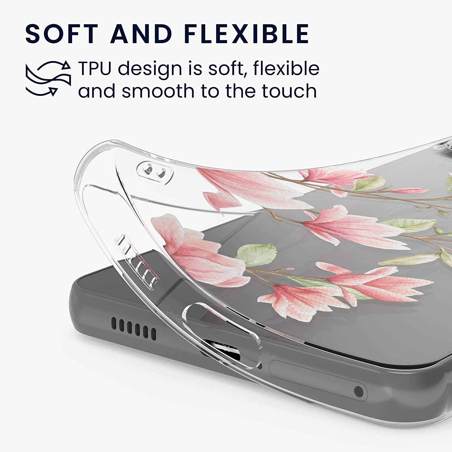 KW Samsung Galaxy A53 5G Θήκη Σιλικόνης TPU Design Magnolias - Pink / White - Διάφανη - 58384.01