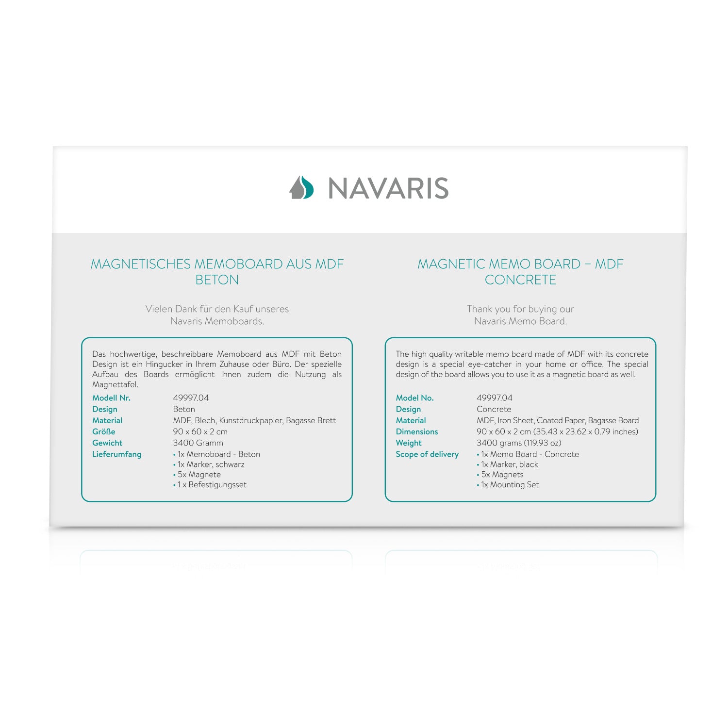 Navaris Magnetic Memo Board - Μαγνητικός Πίνακας Ανακοινώσεων - 90 x 60 cm - Concrete - 49997.04