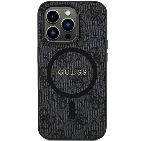 Guess iPhone 15 Pro - 4G Collection Leather Metal Logo MagSafe Θήκη με Επένδυση Συνθετικού Δέρματος και MagSafe - Black - GUHMP15LG4GFRK