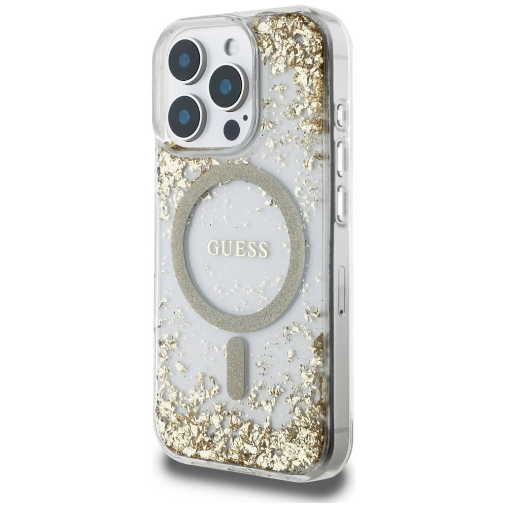 Guess iPhone 16 Pro - HC Resin Bottom Glitter - MagSafe Σκληρή Θήκη με Πλαίσιο Σιλικόνης - Gold - GUHMP16LRGRGED
