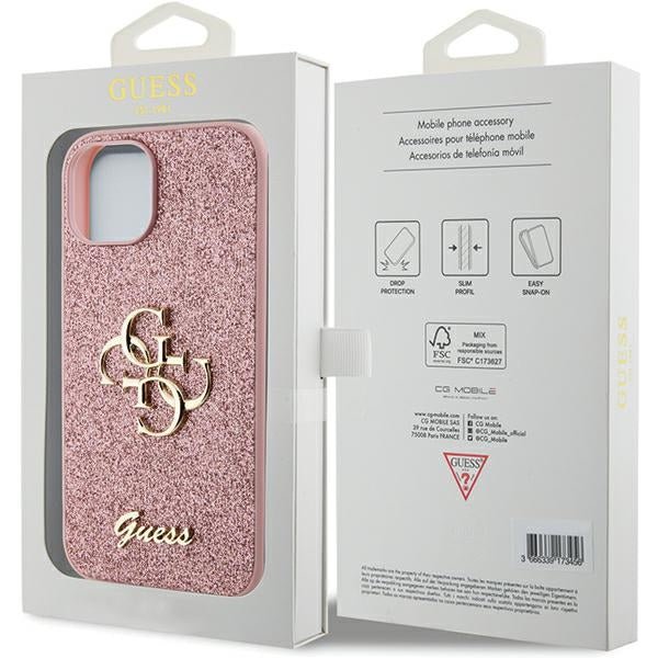 Guess iPhone 15 Plus Glitter Script Big 4G Σκληρή Θήκη με Πλαίσιο Σιλικόνης - Pink - GUHCP15MHG4SGP