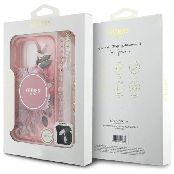 Guess iPhone 16 Pro - IML Flowers With Pearl Strap MagSafe - Σκληρή Θήκη με Πλαίσιο Σιλικόνης και Λουράκι - Pink - GUHMP16LHFWBRCESP