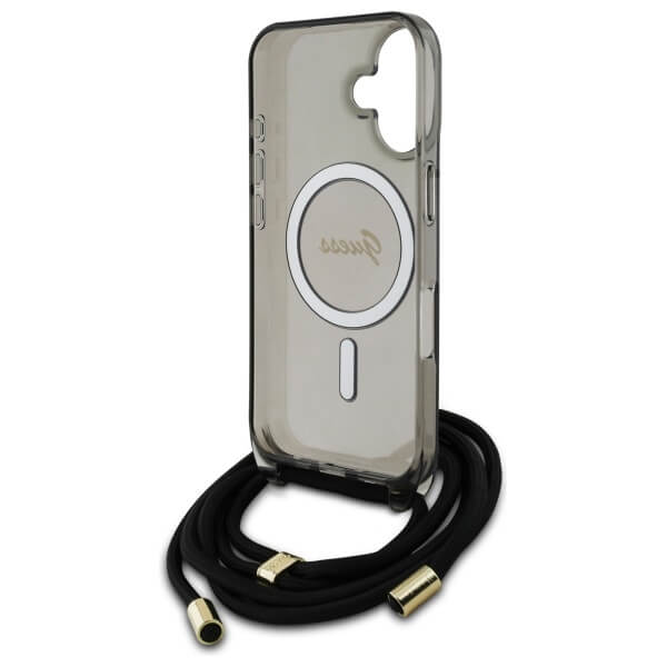 Guess iPhone 16 - Crossbody Cord Script MagSafe - Σκληρή Θήκη με Πλαίσιο Σιλικόνης και Λουράκι - Black - GUHMP16SHCTSGNSK