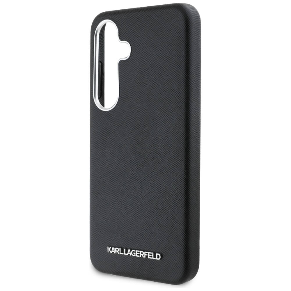 Karl Lagerfeld Samsung Galaxy S25 - Saffiano Full Wrapped Elongated Metal Logo - MagSafe Σκληρή Θήκη με Επένδυση Συνθετικού Δέρματος και Πλαίσιο Σιλικόνης - Black - KLHMS25SPSAFWMCK