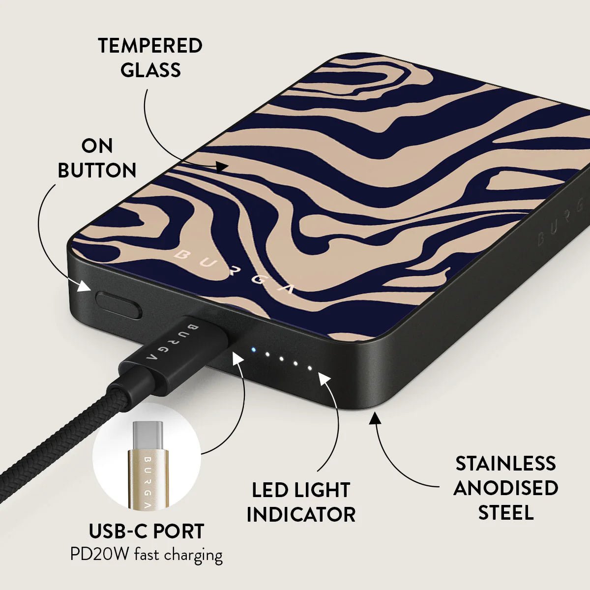 Burga Μαγνητικό Ασύρματο MagSafe PowerBank 5000mAh με Καλώδιο Type - C to Type - C - Gunmetal - Vigilant