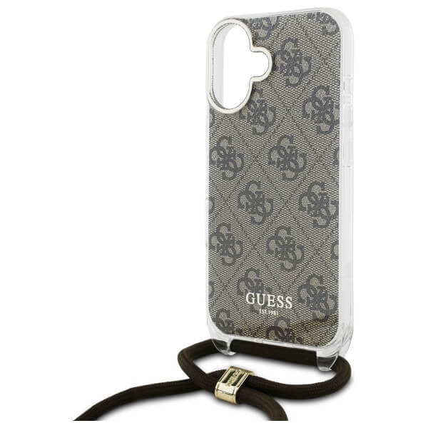 Guess iPhone 16 - Crossbody Cord 4G Print - Σκληρή Θήκη με Πλαίσιο Σιλικόνης και Λουράκι - Brown- GUHCP16SHC4SEW
