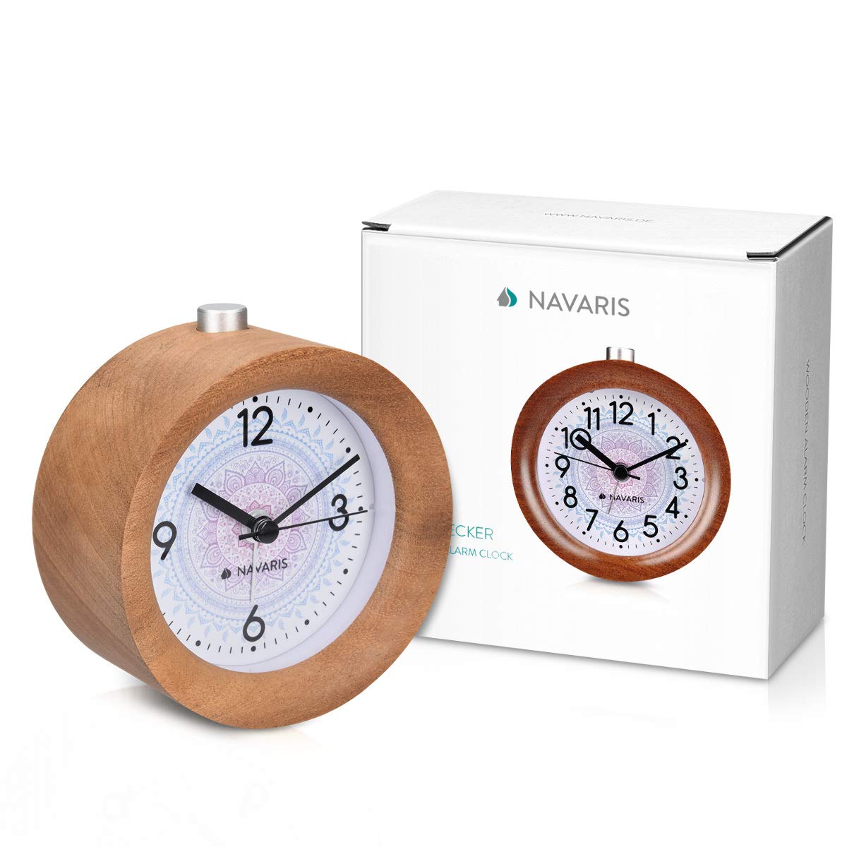 Navaris Analogue Wood Alarm Clock Design Indian Sun - Αναλογικό Επιτραπέζιο Ρολόι και Ξυπνητήρι - Dark Brown - 46269.18.01