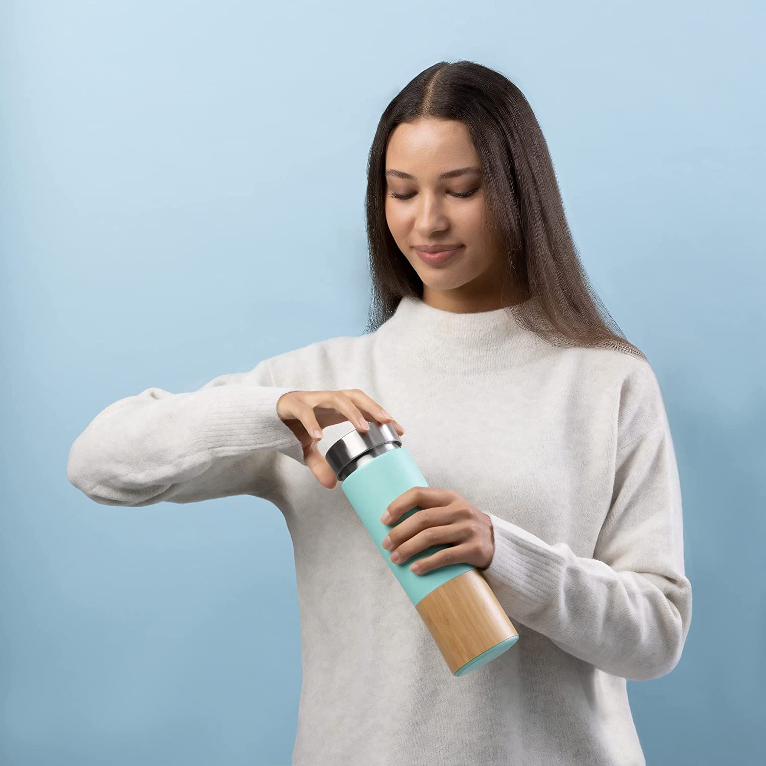 Navaris Tea Bottle Μπουκάλι Τσαγιού από Μπαμπού και Ανοξείδωτο Ατσάλι - 500ml - Turquoise - 54268.2.37