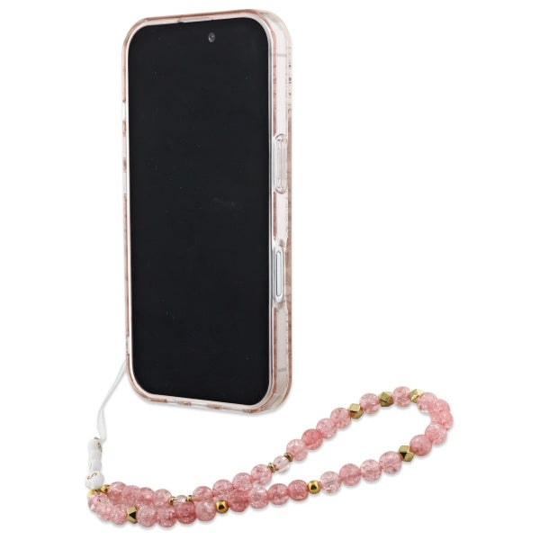 Guess iPhone 16 - IML Flowers Allover Electro With Pearl Strap MagSafe - Σκληρή Θήκη με Πλαίσιο Σιλικόνης και Λουράκι - White / Pink - GUHMP16SHCPOFPP