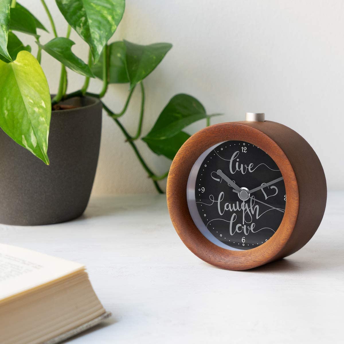 Navaris Analogue Wood Alarm Clock Design Live / Laugh / Love - Αναλογικό Επιτραπέζιο Ρολόι και Ξυπνητήρι - Dark Brown - 46269.18.05