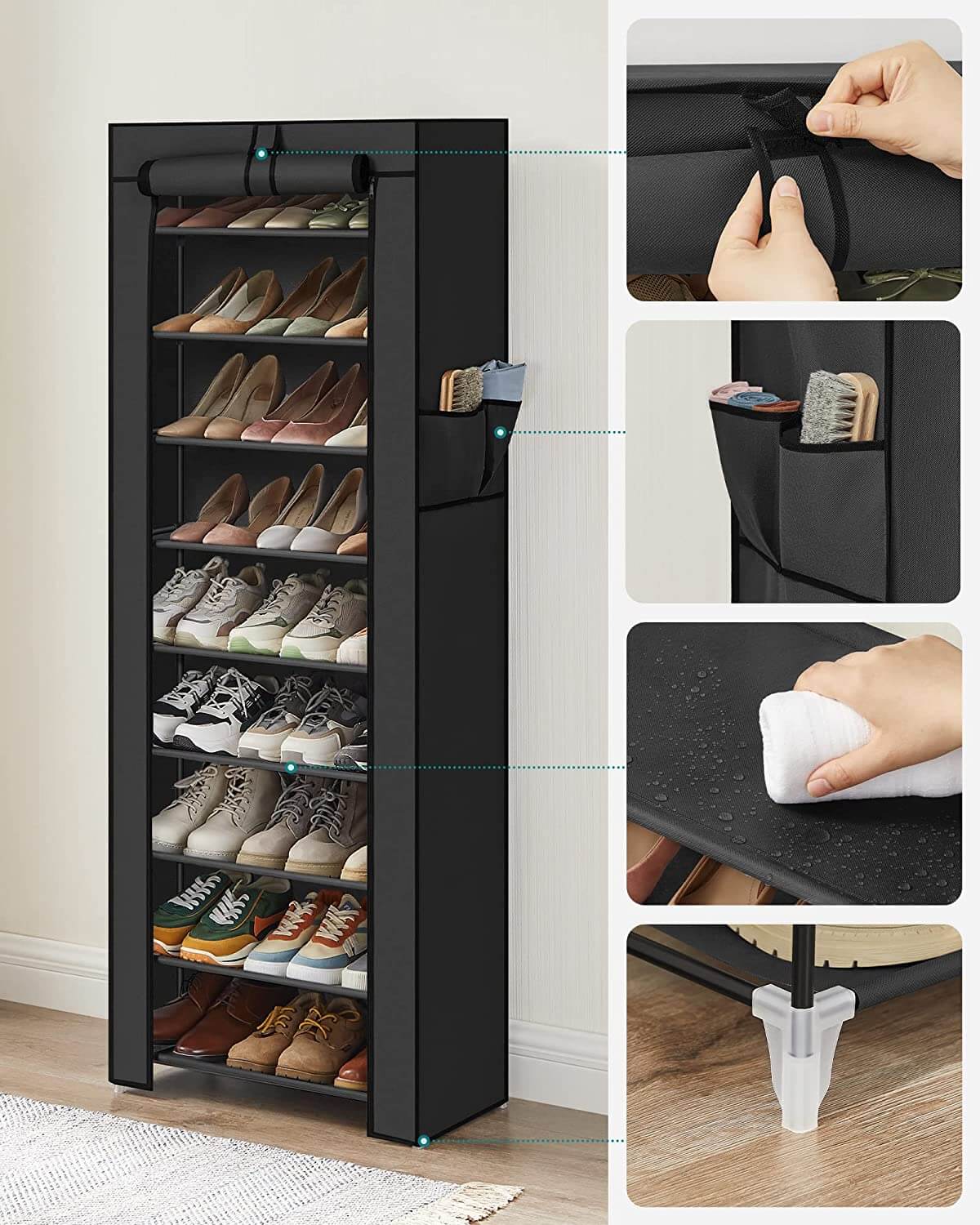 Songmics Παπουτσοθήκη με 10 Ράφια και Μπροστινό Κάλυμμα - Black - RXJ10H01