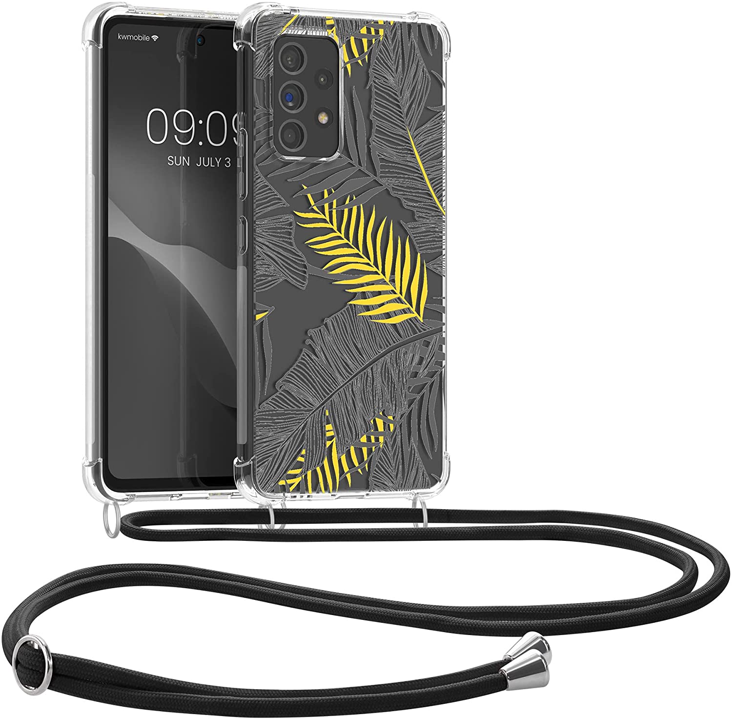 KW Samsung Galaxy A53 5G Θήκη Σιλικόνης TPU με Λουράκι Design Palm Leaves - Διάφανη / Yellow / Grey - 58234.01