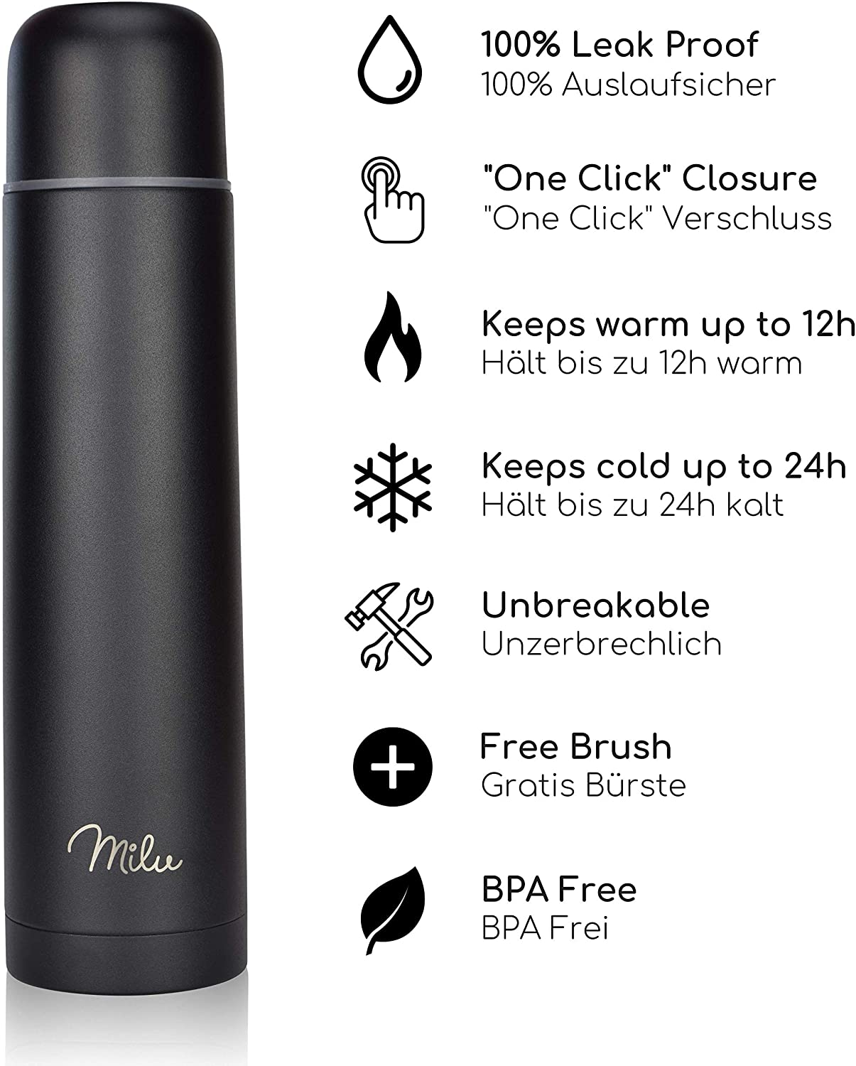 Milu T4 Μπουκάλι Θερμός Από Ανοξείδωτο Ατσάλι - 100% Στεγανό - 750 ml - Black - 6567