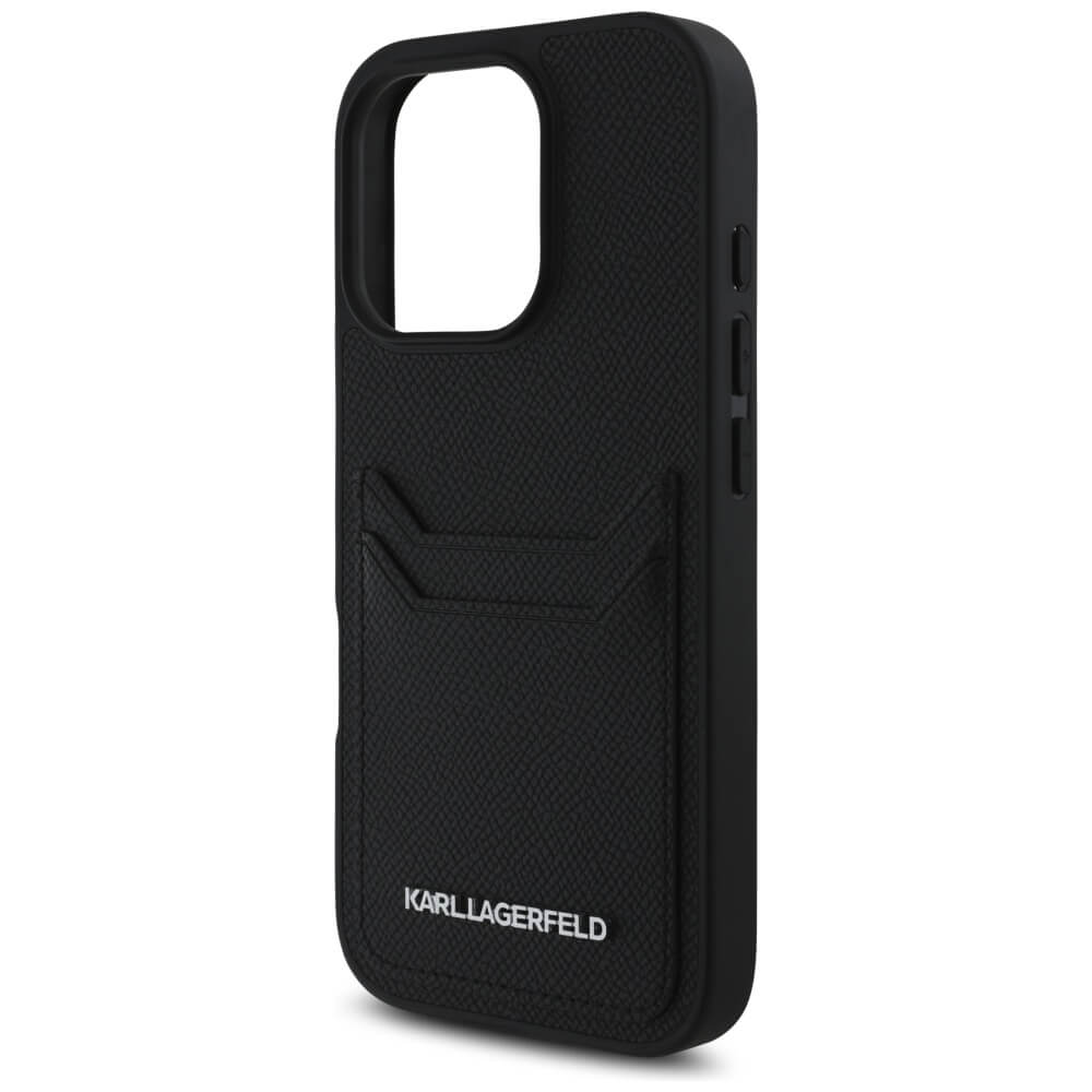 Karl Lagerfeld iPhone 16 Pro Max - HC Grained PU Cardslot Metal Elong - Σκληρή Θήκη με Επένδυση Συνθετικού Δέρματος και Υποδοχή για Κάρτες - Black - KLHCP16XPKHPORPK