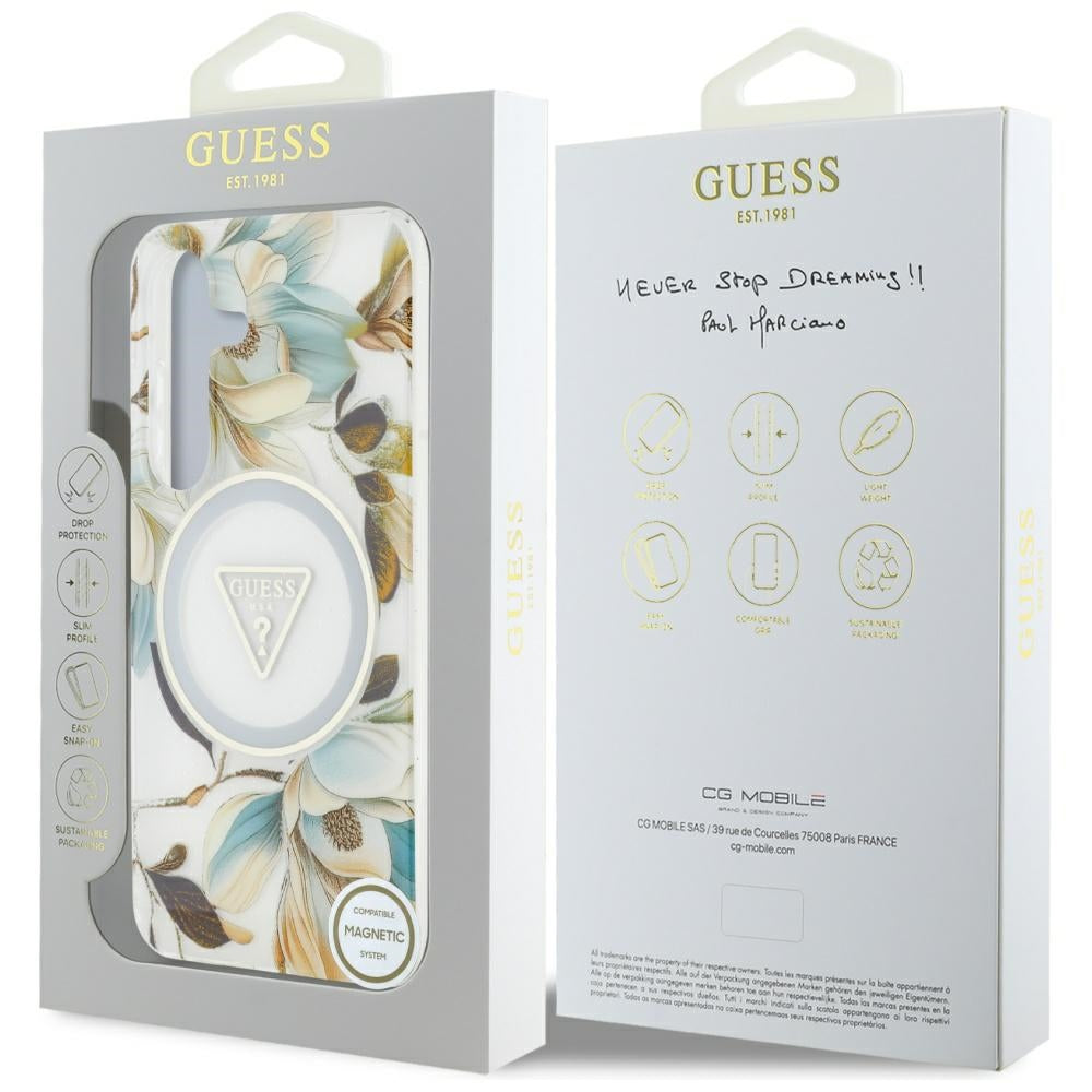 Guess Samsung Galaxy S25 - Glitter Flowers Triangle Buttons MagSafe - Σκληρή Θήκη με Πλαίσιο Σιλικόνης - White - GUHMS25SHFLPEDH