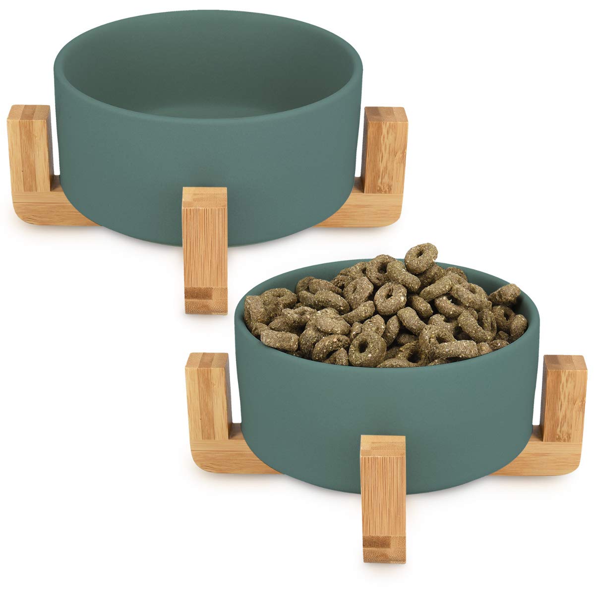 Navaris Cat Bowls with Wood Stands - Σετ με 2 Μπολ Φαγητού και Νερού με Βάση από Μπαμπού για Κατοικίδια - Green / Brown - 48350.07