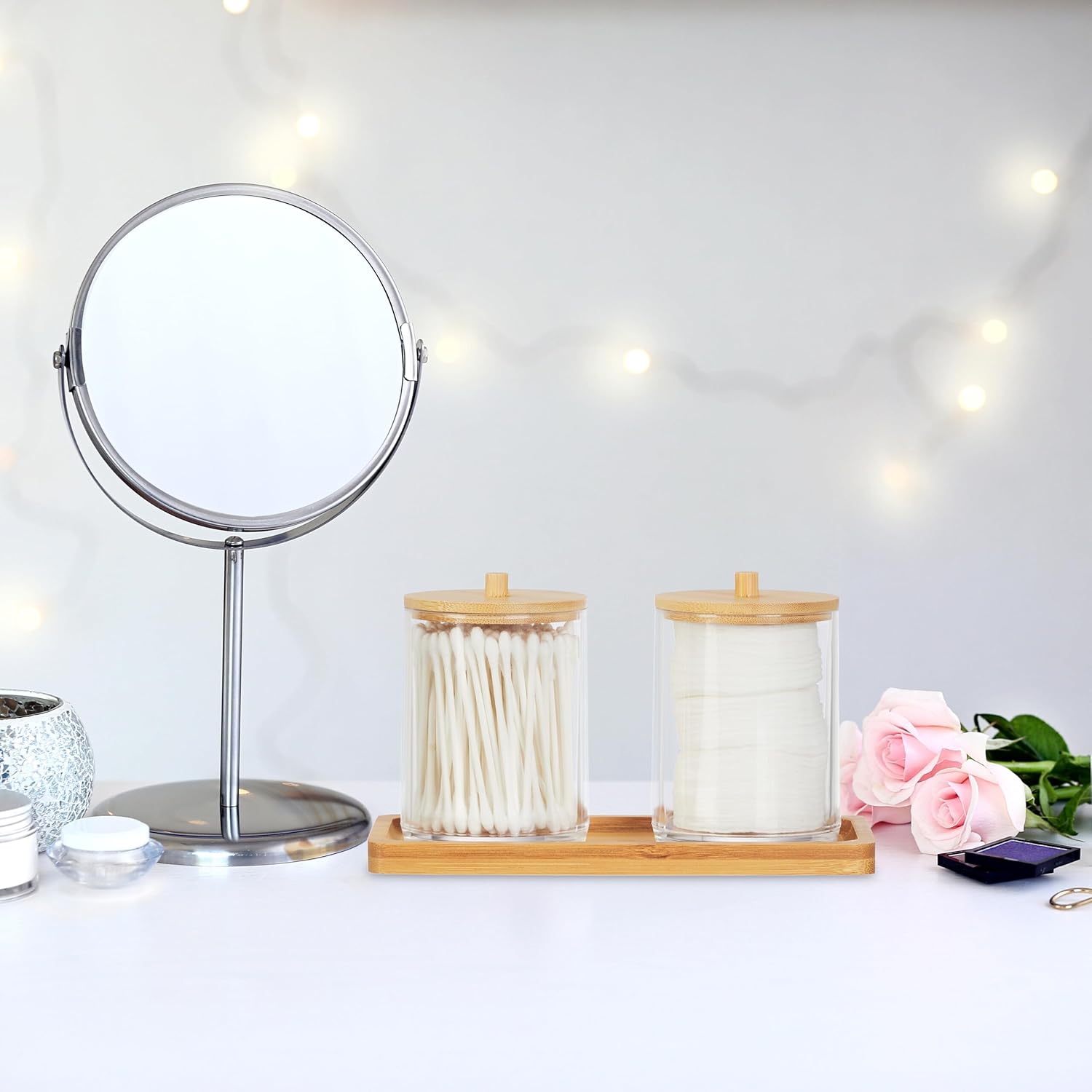 Relaxdays Σετ με 2 Πλαστικά Δοχεία Αποθήκευσης για το Μπάνιο με Δίσκο και Καπάκια από Μπαμπού - Διάφανα / Light Brown - 4052025479138