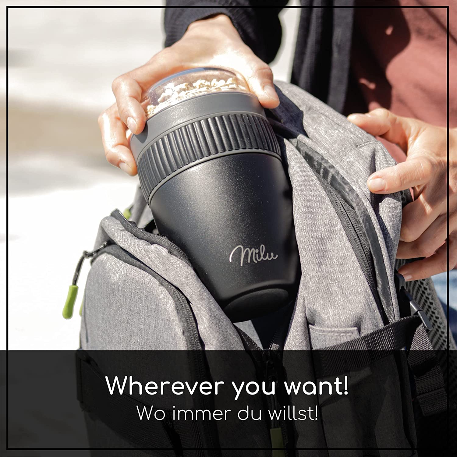 Milu SP Cereal Cup to Go Φορητό Δοχείο Φαγητού από Ανοξείδωτο Ατσάλι με Κουτάλι - 400ml - Black - 2495