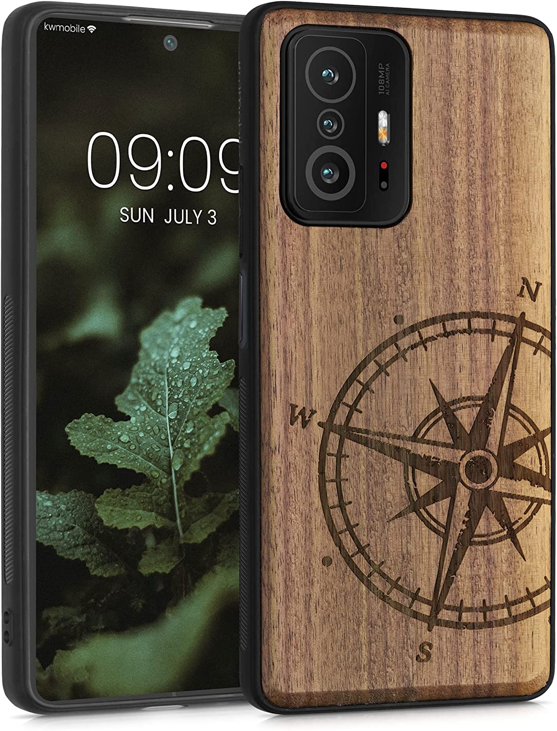 KW Xiaomi 11T / 11T Pro Θήκη από Φυσικό Ξύλο - Design Navigational Compass - Dark Brown - 56795.02