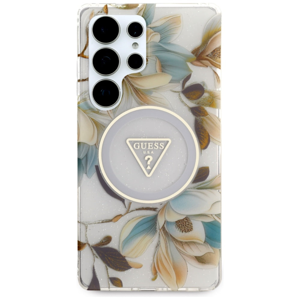 Guess Samsung Galaxy S25 Ultra - Glitter Flowers Triangle Buttons MagSafe - Σκληρή Θήκη με Πλαίσιο Σιλικόνης - White - GUHMS25LHFLPEDH