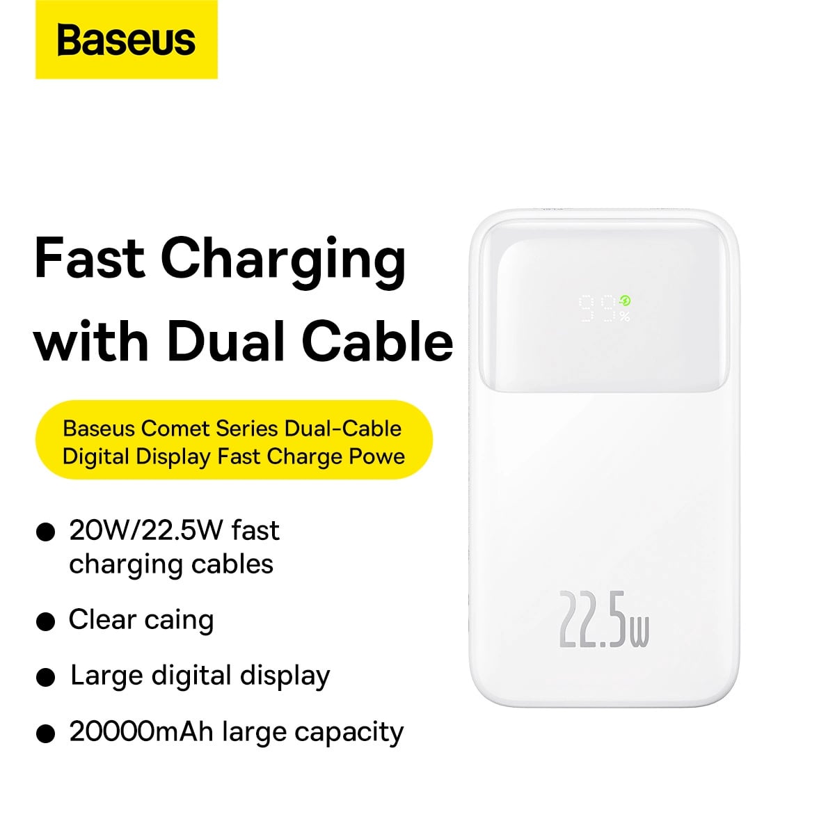 Baseus Comet Series PowerBank 20000mAh 22.5W με Ενσωματωμένα Καλώδια Type-C και Lightning - White - PPMD020102