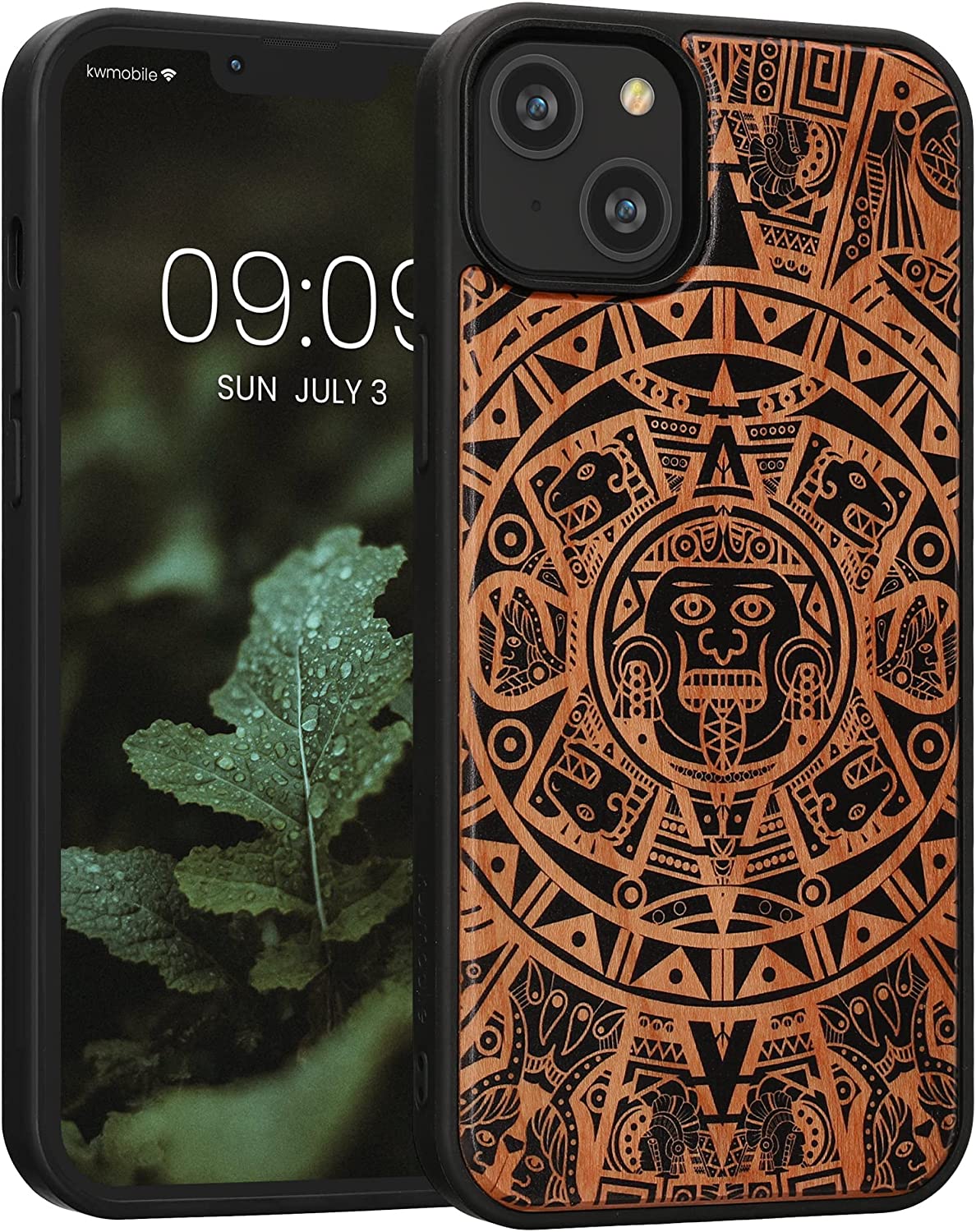 KW iPhone 14 Plus Θήκη από Φυσικό Ξύλο Design Mayan Calendar - Brown / Black - 59125.02