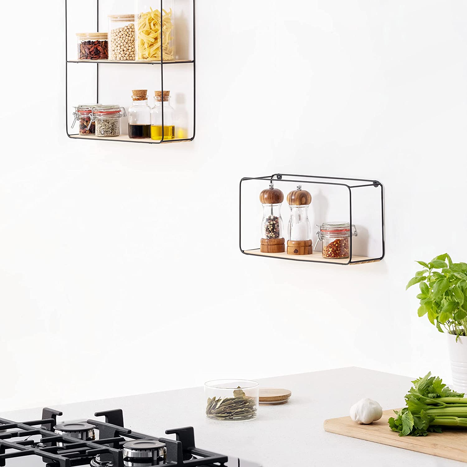 Navaris Σετ με 4 Ξύλινα Ράφια Τοίχου με Μεταλλική Βάση - Light Brown / Black - 55123.04