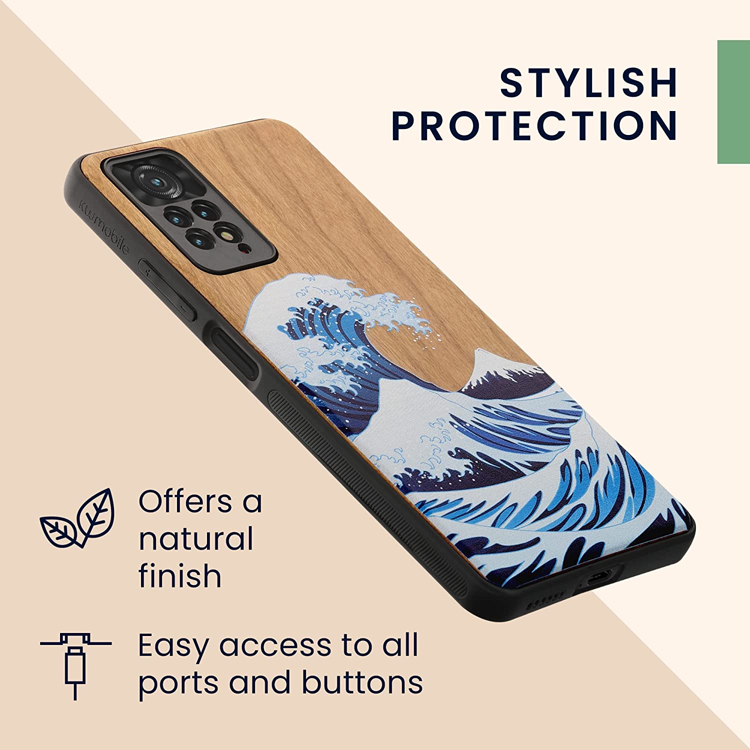 KW Xiaomi Redmi Note 11 Pro / Note 11 Pro 5G Θήκη από Φυσικό Ξύλο - Design Japanese Wave - Blue / White / Brown - 57381.04