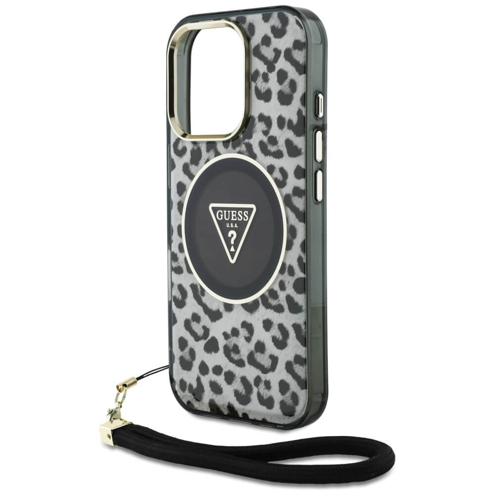 Guess iPhone 16 Pro Max - HC IML Leopard Triangle Cord Strap MagSafe - Σκληρή Θήκη με Πλαίσιο Σιλικόνης και Λουράκι - Black - GUHMP16XHLORSSK