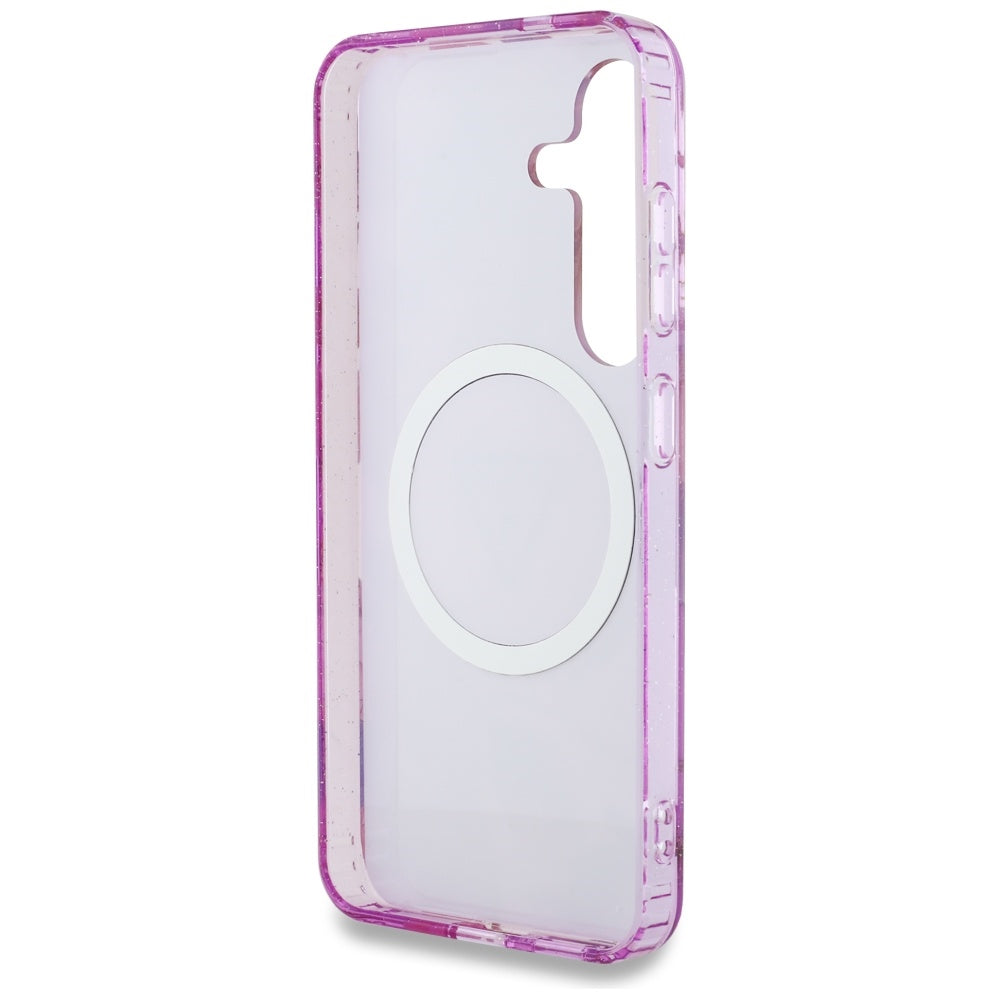 Guess Samsung Galaxy S25 - Glitter Flowers Triangle Buttons MagSafe - Σκληρή Θήκη με Πλαίσιο Σιλικόνης - Purple - GUHMS25SHFLPEDU