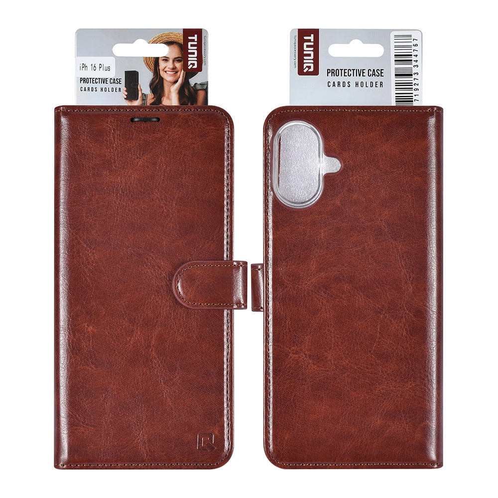 Tuniq iPhone 16 Plus - Θήκη Πορτοφόλι Stand από Δερματίνη - Καφέ