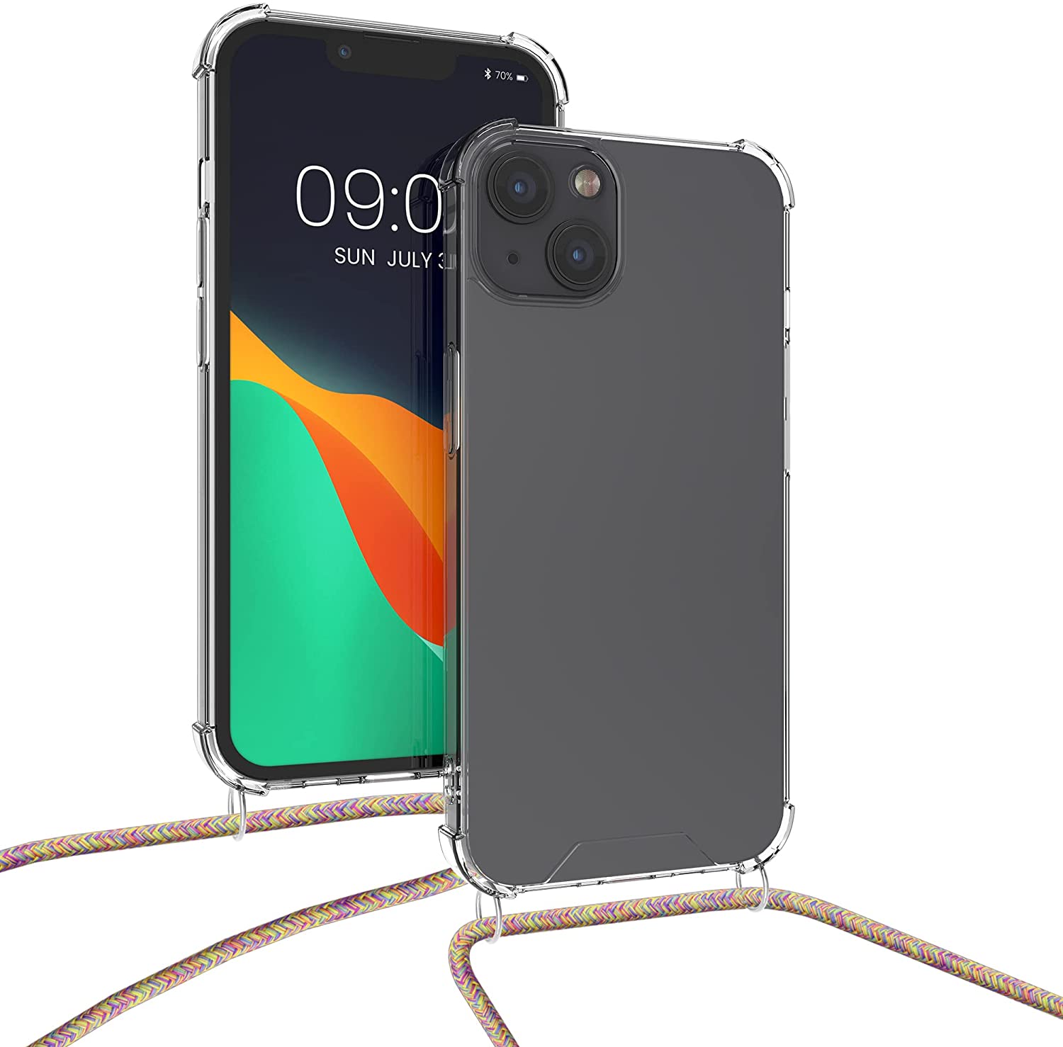 KW iPhone 13 Θήκη Σιλικόνης TPU με Λουράκι - Διάφανη / Pink / Purple / Yellow - 55949.08