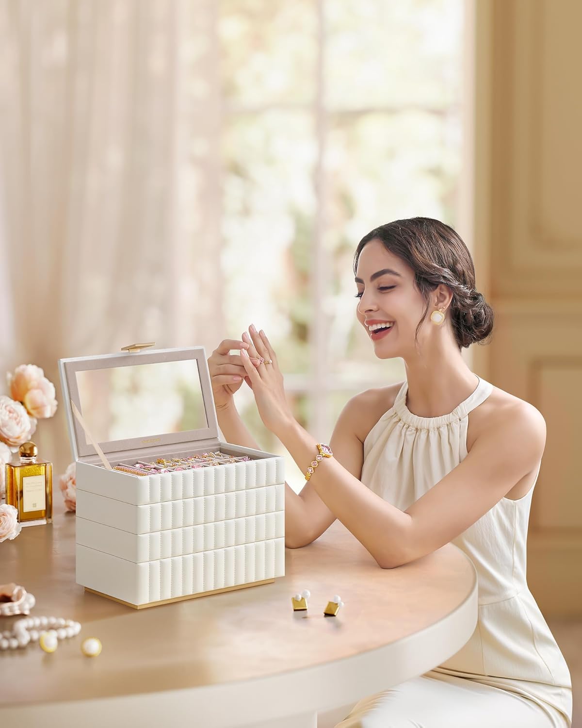 Songmics Κουτί Αποθήκευσης Κοσμημάτων με 4 Επίπεδα και Καθρέπτη - Cloud White - JBC181W01