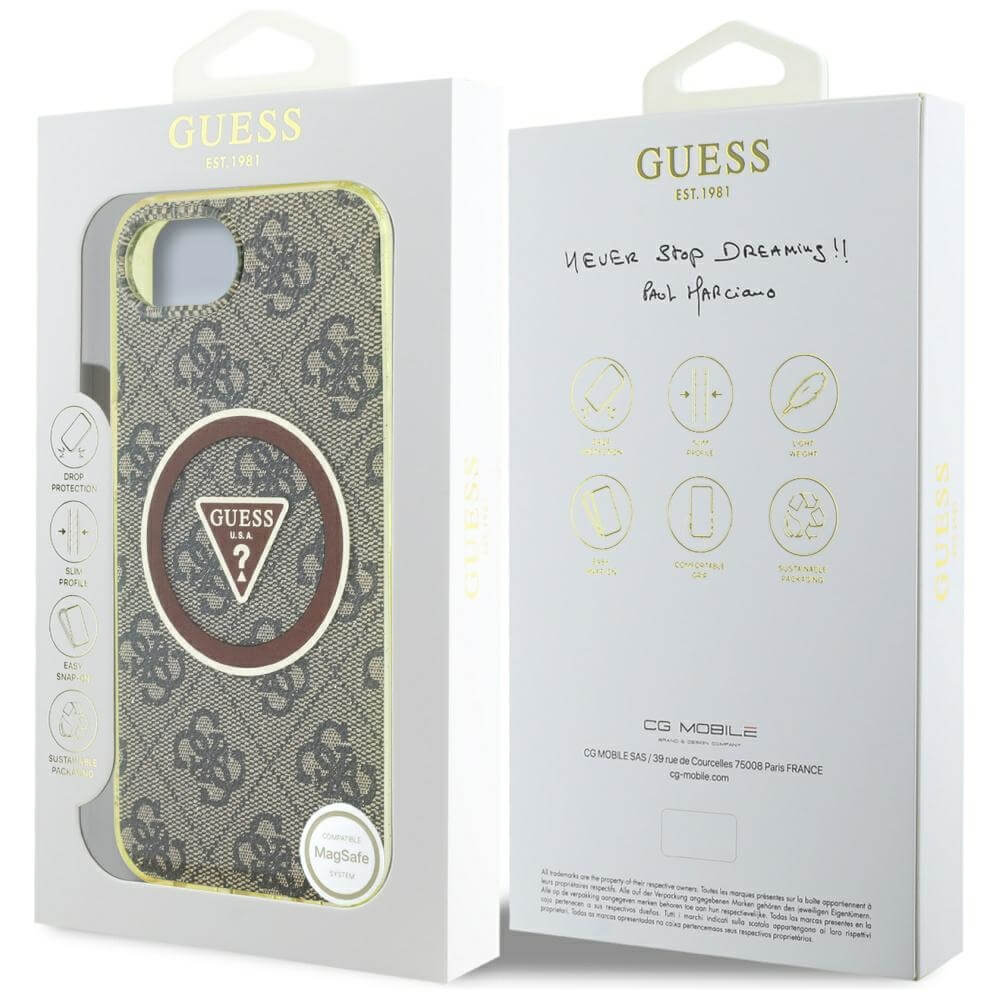 Guess iPhone 16e - IML Metal Glitter 4G Circle Triangle MagSafe - Σκληρή Θήκη με Πλαίσιο Σιλικόνης και MagSafe - Brown - GUHMPSE4HG4PRTGW