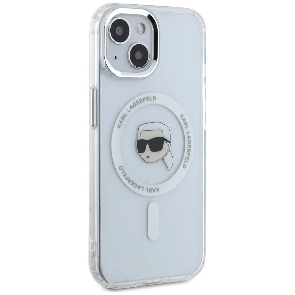 Karl Lagerfeld iPhone 15 - IML Metal Karl Head - MagSafe Σκληρή Θήκη με Πλαίσιο Σιλικόνης - White - KLHMP15SHLSKIH